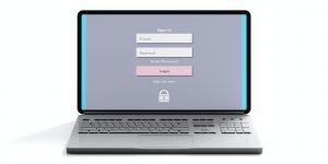 Login on a computer laptop screen isolated on white background, front view. 3d illustration