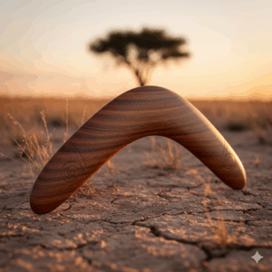 Bumerang in einer Steppe, im Hintergrund unscharm die Krone eines Baumes