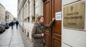Frau die an die Tür einer geschlossenen psychotherapeutischen Praxis klopft.