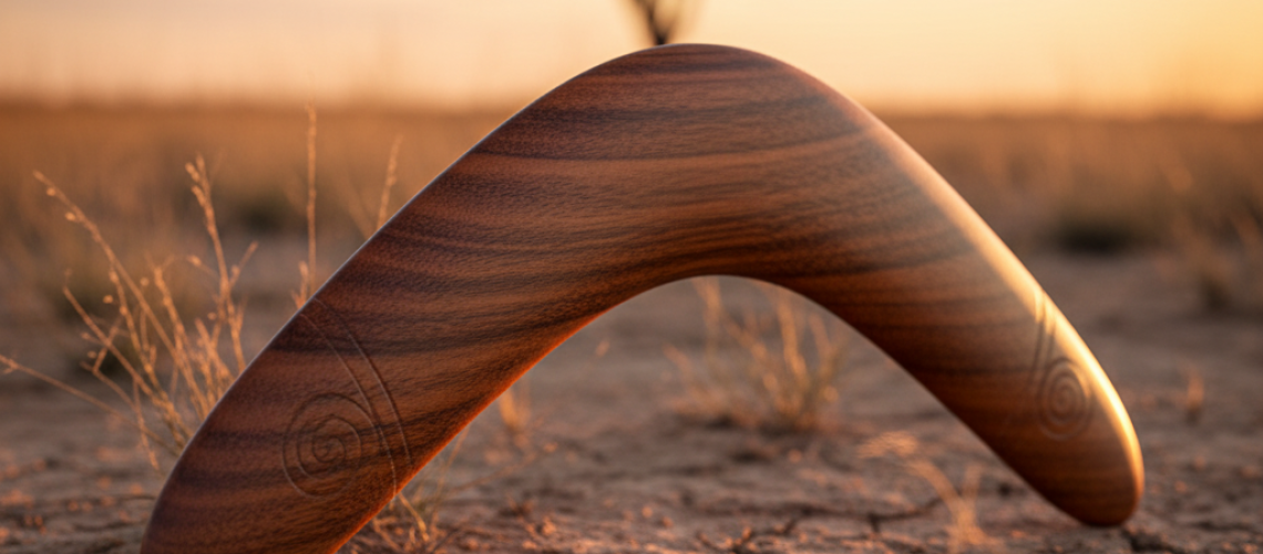 Bumerang in einer Steppe, im Hintergrund unscharm die Krone eines Baumes