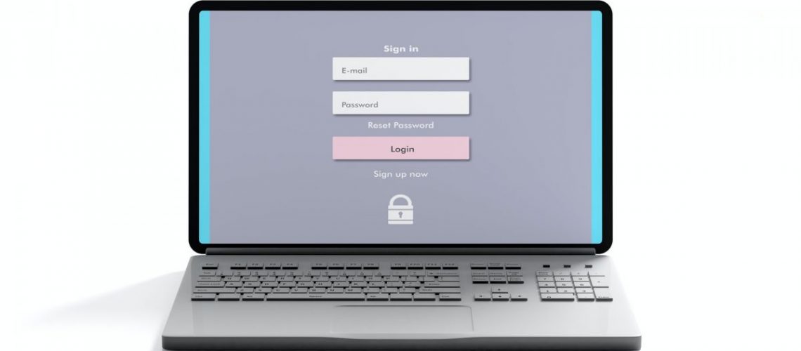 Login on a computer laptop screen isolated on white background, front view. 3d illustration