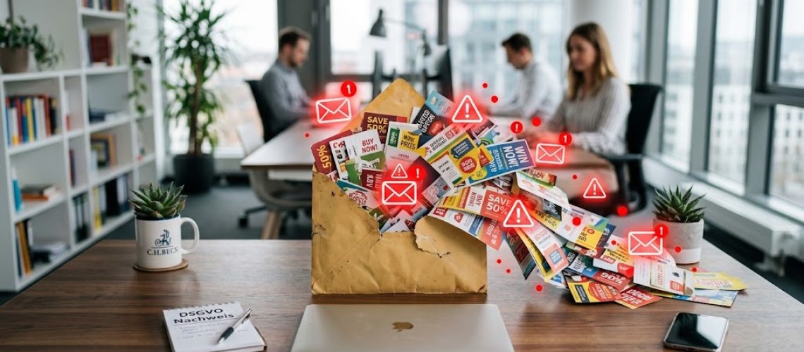 Bürotisch mit einer Einkaufstüte, aus der Spam-E-Mails quellen